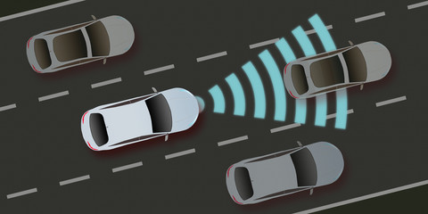 adi42 AutonomousDrivingIllustration - autonomous car and self-driving vehicle - driver assistance system - ACC (Adaptive Cruise Control) - collision avoidance system - 2to1 g5532 - obrazy, fototapety, plakaty
