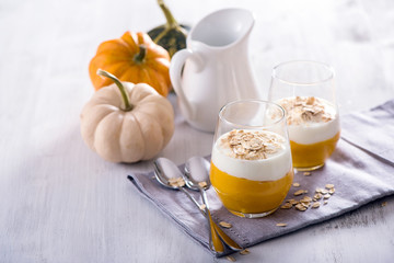 Pumpkin smoothie with yogurt for healthy breakfast