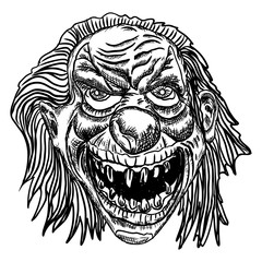 Scary cartoon clown illustration. Blackwork adult flesh tattoo concept. Horror movie zombie clown face character. Vector.