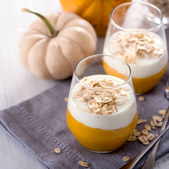 Pumpkin smoothie with oats for healthy breakfast square image