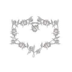 watercolor illustration, wreath heart bouquet of peonies with leaves and buds, 