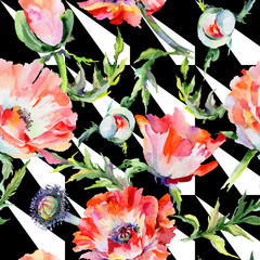 Wildflower poppy flower pattern in a watercolor style. Full name of the plant: red poppy. Aquarelle wild flower for background, texture, wrapper pattern, frame or border.