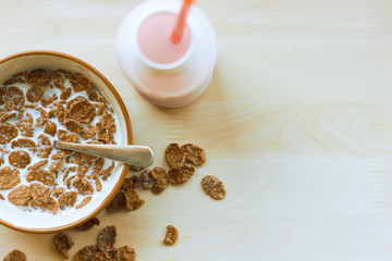 healthy breakfast of chocolate flakes and milkshake