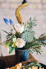 decorated bucket with rose flowers