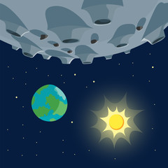 Lunar landscape with Sun and Earth in the sky. Vector illustration.
