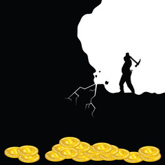 mining bitcoin icon with man silhouette illustration