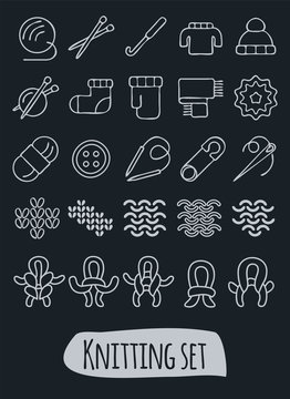 Knitting and needlework linear icon set