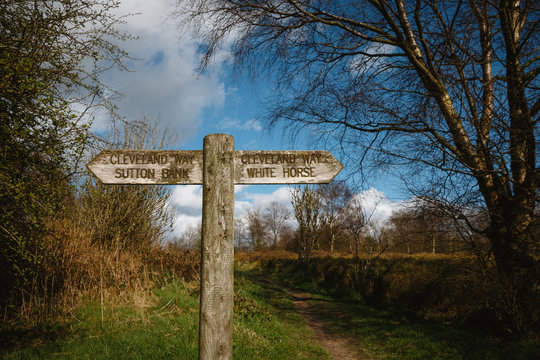 English Country Wooden Signpost Cleveland Way, Sutton Bank, White Horse, North York Moors, Yorkshire, England