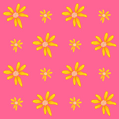 Seamless vector pattern with spring yellow flowers on pink background. Ditsy floral background.