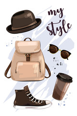 Stylish outfit. Hand drawn set with hat, bag pack, shoe, sunglasses and coffee cup. Fashion accessories and clothes. Sketch. Vector illustration.