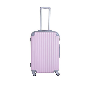 Pink suitcase isolated on white background. Polycarbonate suitcase isolated on white. Pink suitcase.