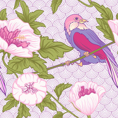 Flowers and bird. Seamless pattern, background. Colorful in pink