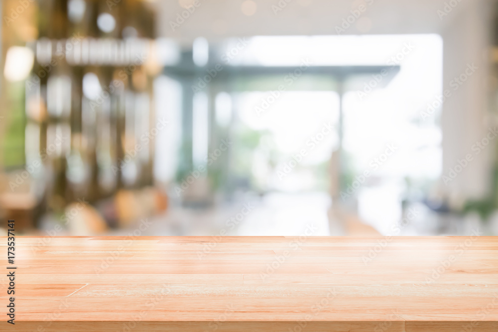 Poster wood table top on blurred abstract background interior view inside reception hotel or modern hallway