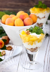 Healthy breakfast. Oat granola with yoghurt, apricot on a light wooden background