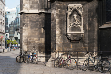 Vienna Cityscape. Bicycles parked near St. Stephen's Cathedral on Stephansplatz. Austria