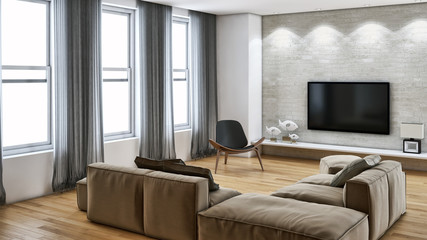 Modern bright living room, white wall. 3D rendering