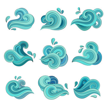 Set of ocean or sea wave, isolated on white. Water hand drawn icon. Curvy aqua symbols