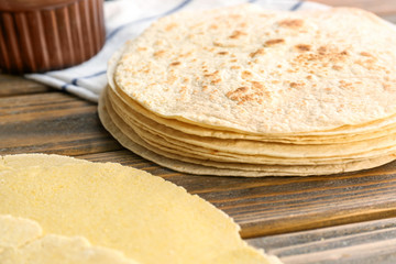 Delicious tortillas on kitchen table
