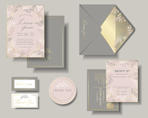 Set of Wedding Invitation Card . Pink and Gray Color Tone. Leaves round of frame has blank space for your text. RSVP Card for Response. Envelope for this theme.Stickers.Tags.Vector/Illustration