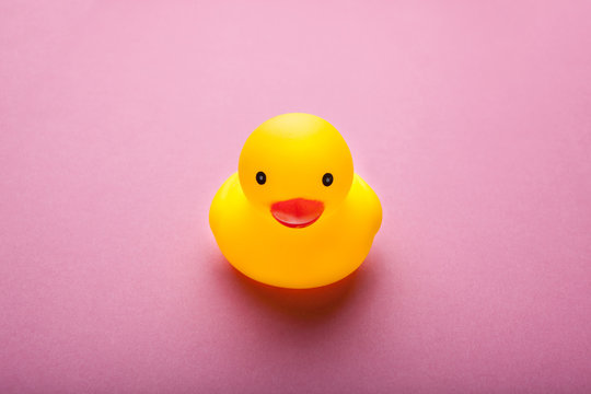 Yellow rubber duck on pink background. Close-up.