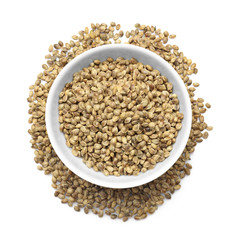 Bowl with hemp seeds on white background