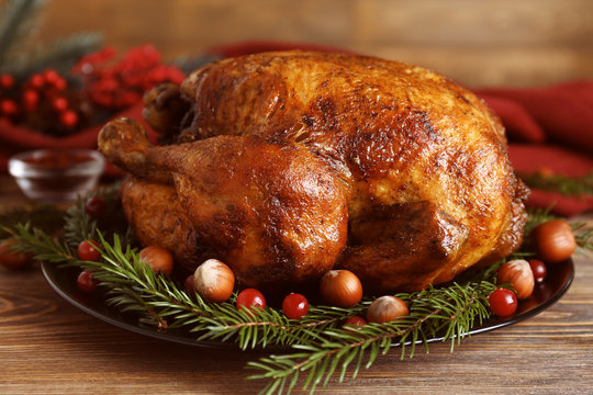Tasty roasted turkey on plate