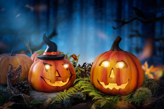Halloween pumpkin lanterns in a mystic forest