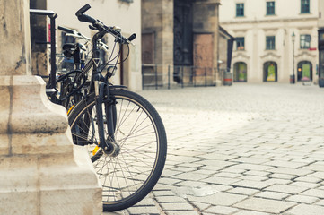 close up photo of bicycle in old european town. Vienna, Austria