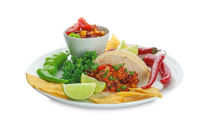 Chili con carne in bowl with chips, tortillas and vegetables on white background