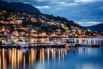 Fototapeta na wymiar Stedje city in Norway at night with fjords