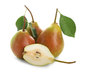 Delicious ripe pears on white background