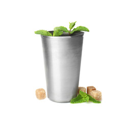 Metal glass with mint julep on white background