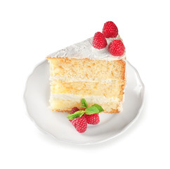 Slice of delicious cake with raspberries on white background