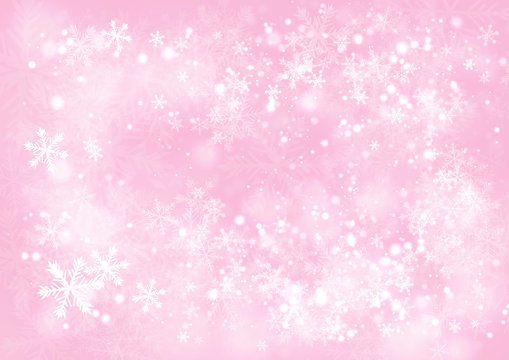 Pink gradient winter paper background with the snow and snowflake border