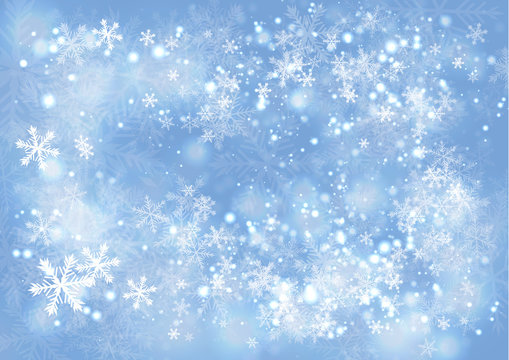 Blue gradient winter paper background with the snow and snowflake border