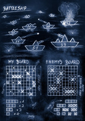 Hand sketch blue battleship game on sea