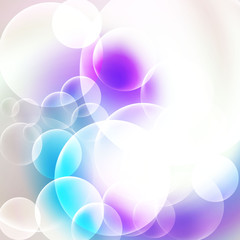 Abstract White and Cyan Bubbles Background. Shining overlaping transparent circles background.