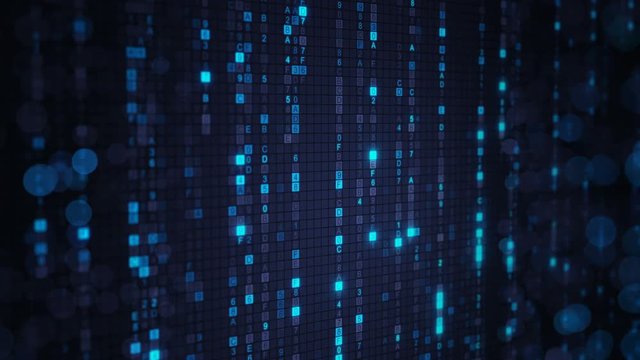 Blue matrix rain of digital HEX code and bokeh on computer screen. Seamless loop abstract technology 3D animation rendered with DOF 4k (4096x2304)
