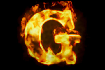 Fire letter G of burning flame light, 3D rendering