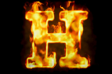 Fire letter H of burning flame light, 3D rendering
