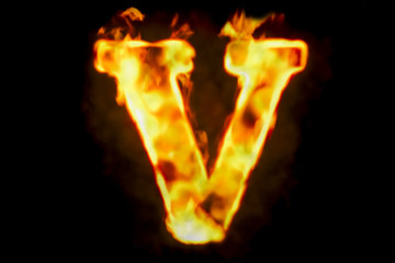 Fototapeta premium Fire letter V of burning flame light, 3D rendering