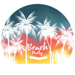 Tropical Summer Beach Party Poster with Palm Tree and Hammock - Vector Illustration - 173546148