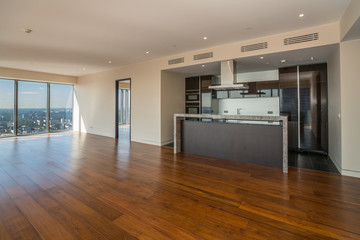 Empty  interior apartament with panoramic city view.