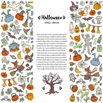 Vector cover with hand drawn colored symbols of Halloween on white color