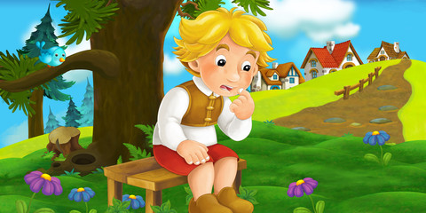 cartoon scene with traveler near the village sitting on the wooden bench - illustration for children