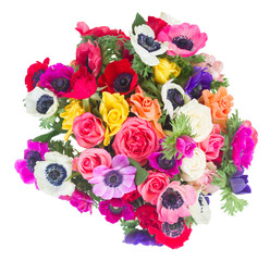 Fresh colorful Anemones flowers bouqet isolated on white background, top view