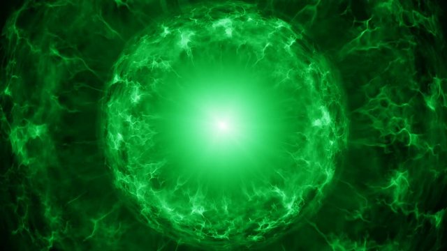 Green plasma sphere with energy charges. Computer generated sci-fi motion background. Seamless loop animation 4k (4096x2304)
