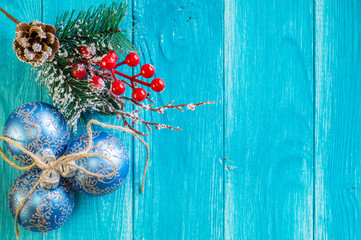 Blue Christmas with christmas balls. New Year  background with blue Christmas balls. 