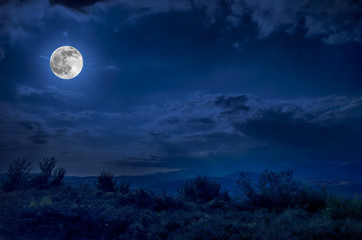 Mountain Road through the forest on a full moon night. Scenic night landscape of dark blue sky with...