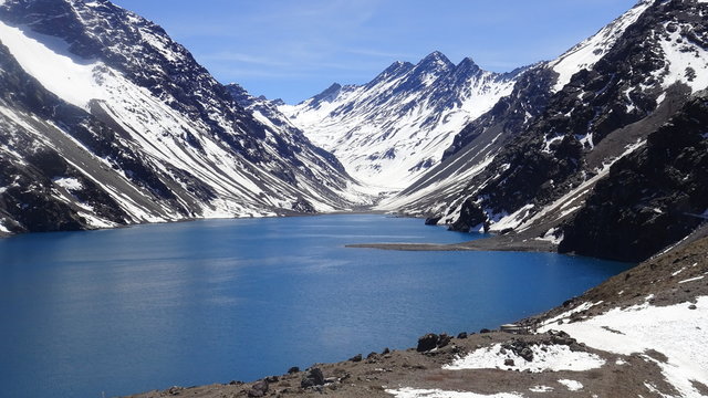 Landscape of mountains and lagoon during winter in Chile